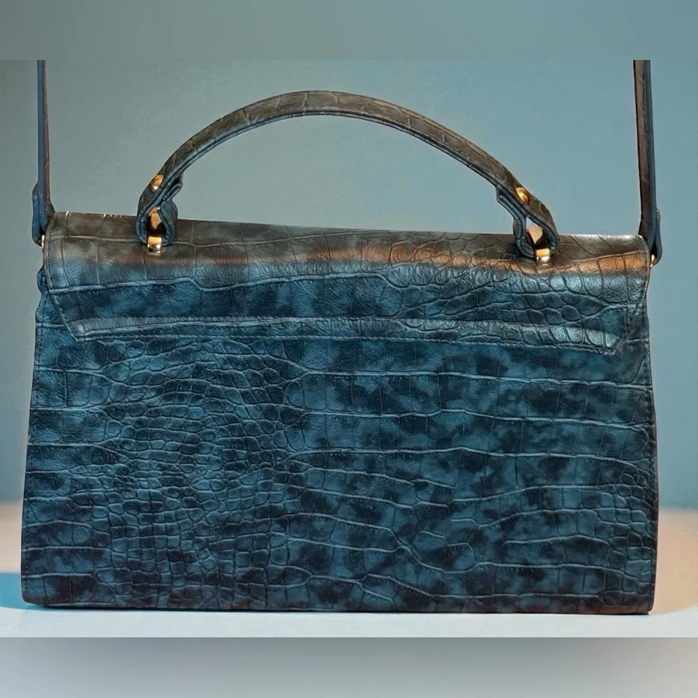 Gude Womens Handbag Crossbody Removable Strap NY, Paris Theme Blue Croc Pattern